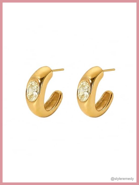 Jewelry - Chunky Hoop Earrings 18k Gold Finish CZ Lemon Stone Bold Statement